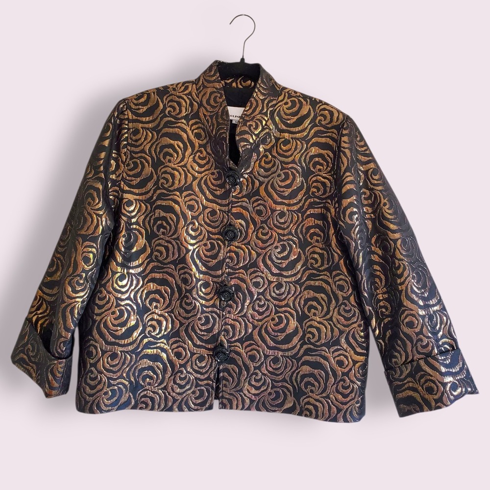 Caroline Rose Brocade Jacket Women's Medium Gold Roses Metallic Party